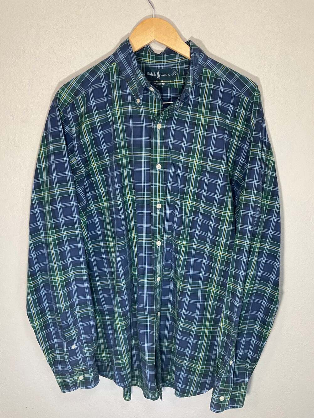 Ralph Lauren Vintage men's long-sleeve button-down shirt blue, green, plaid,XL